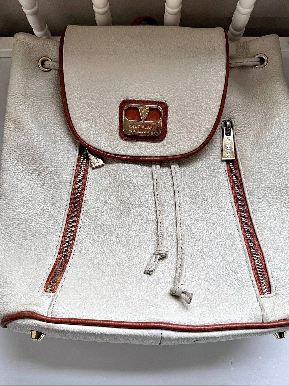 Valentina Leather cream & Brown drawstring style Backpack-made in Italy
